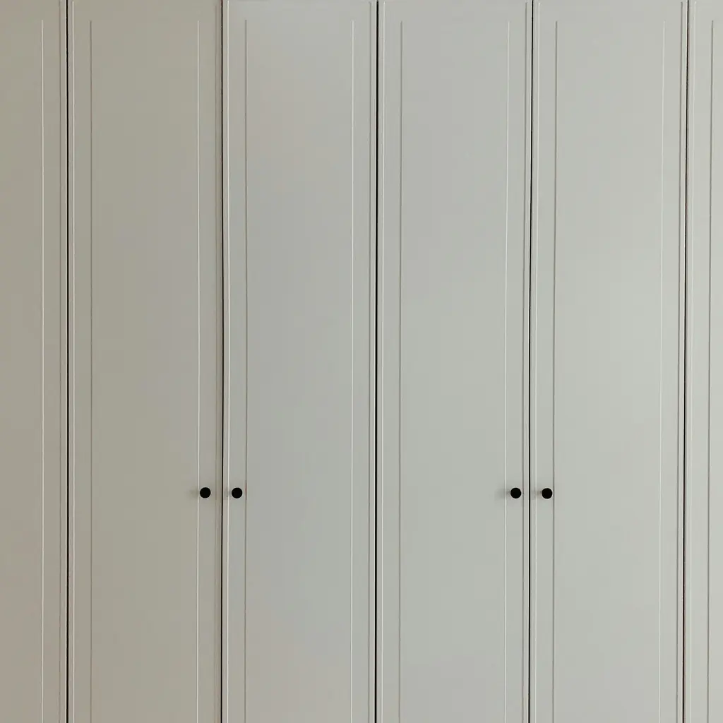 A run of plain white painted wardrobe doors.