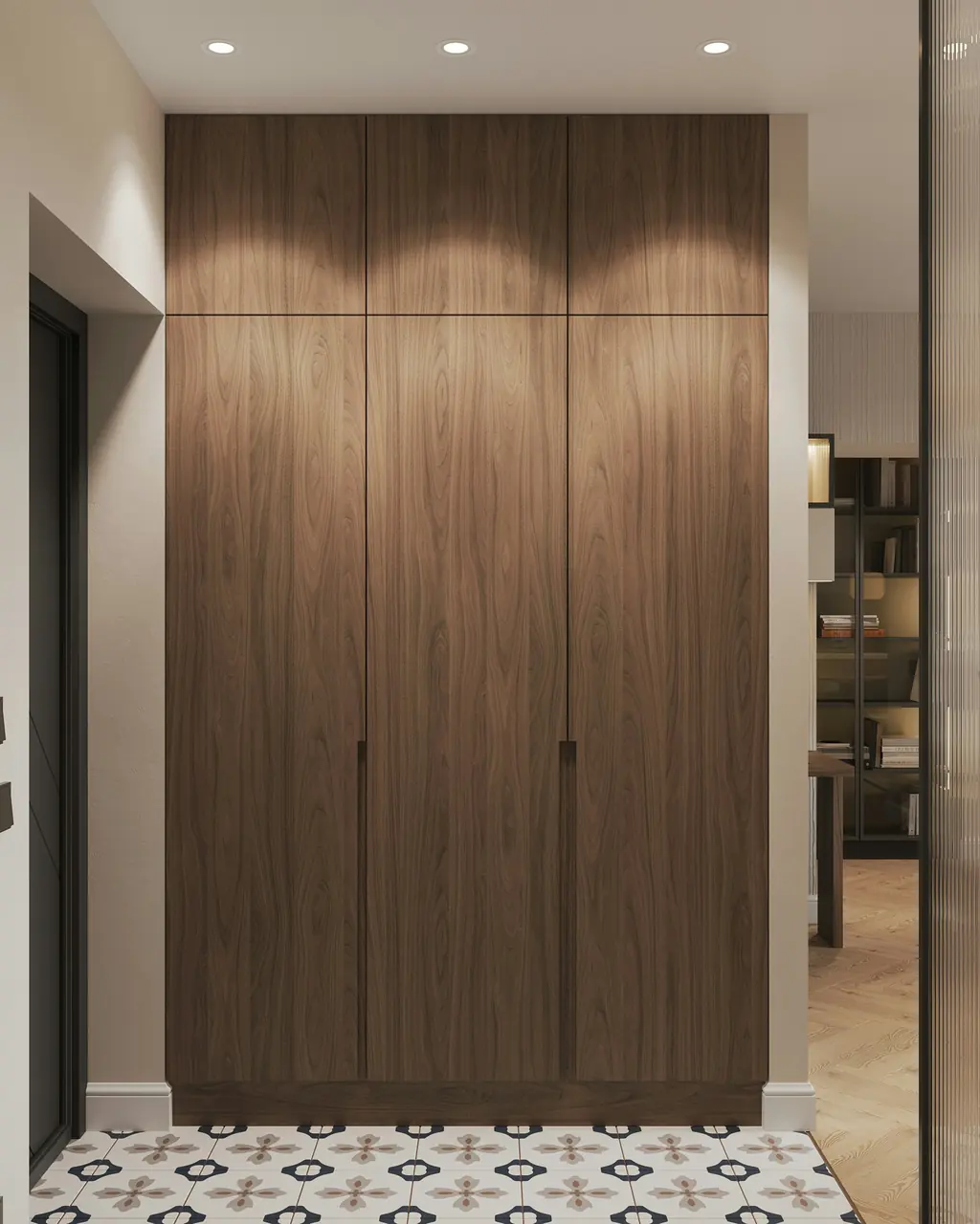 A tall walnut cabinet standing in a hallway with a tiled floor.