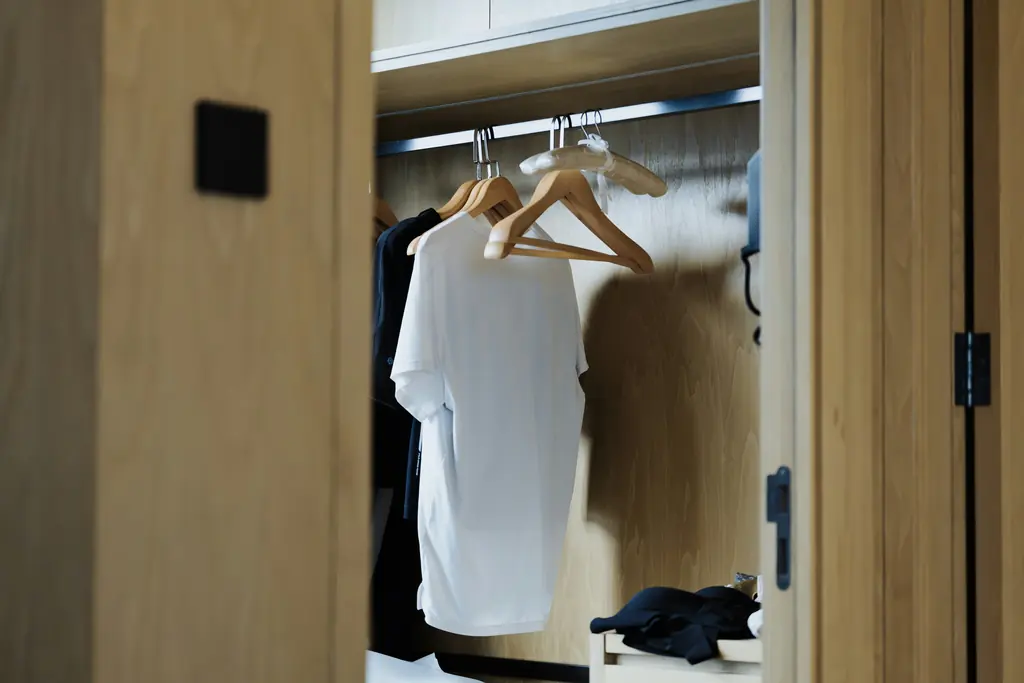 Inside an oak wardrobe: a shirt on a wooden hanger on the rail.