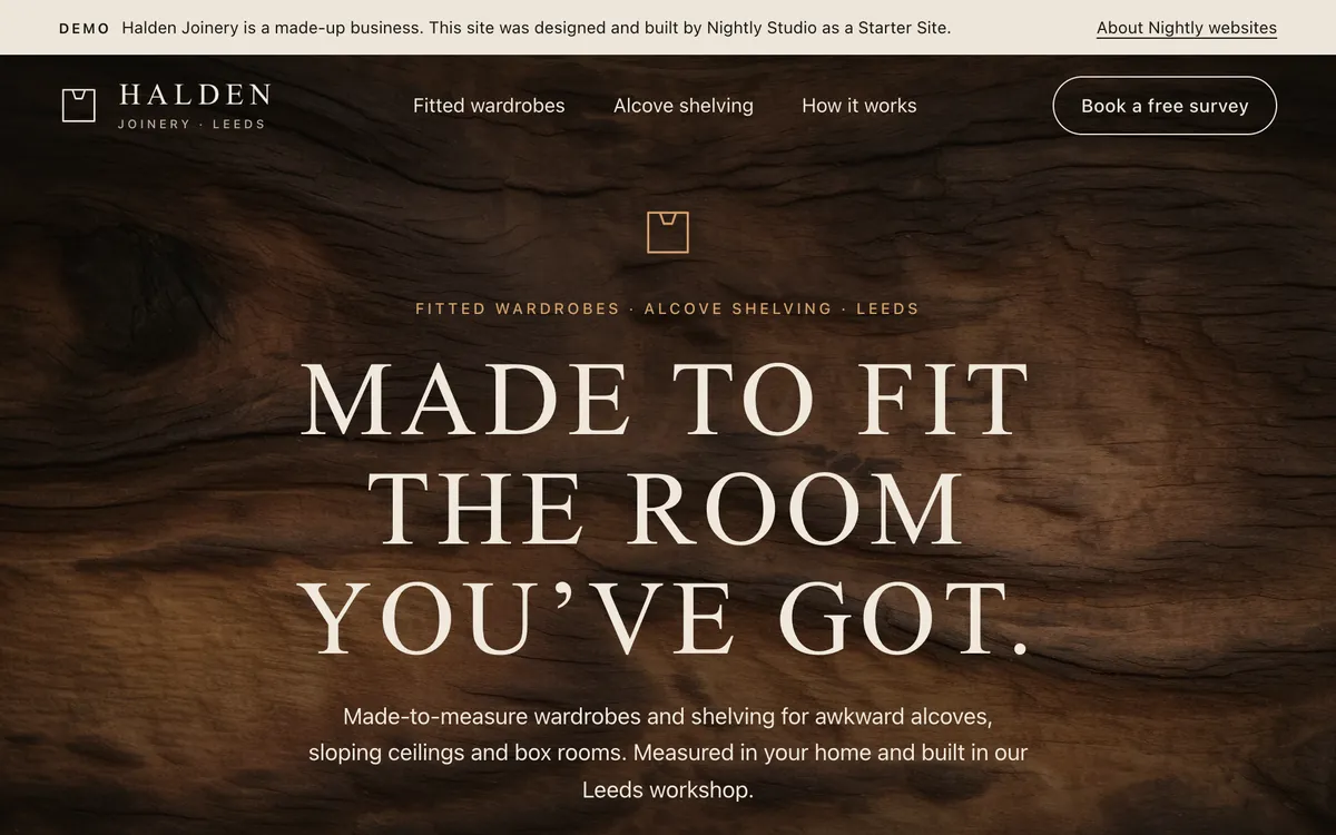 The Halden Joinery demo on a laptop screen: the headline “Made to fit the room you’ve got.” in light serif capitals over a photo of figured oak.