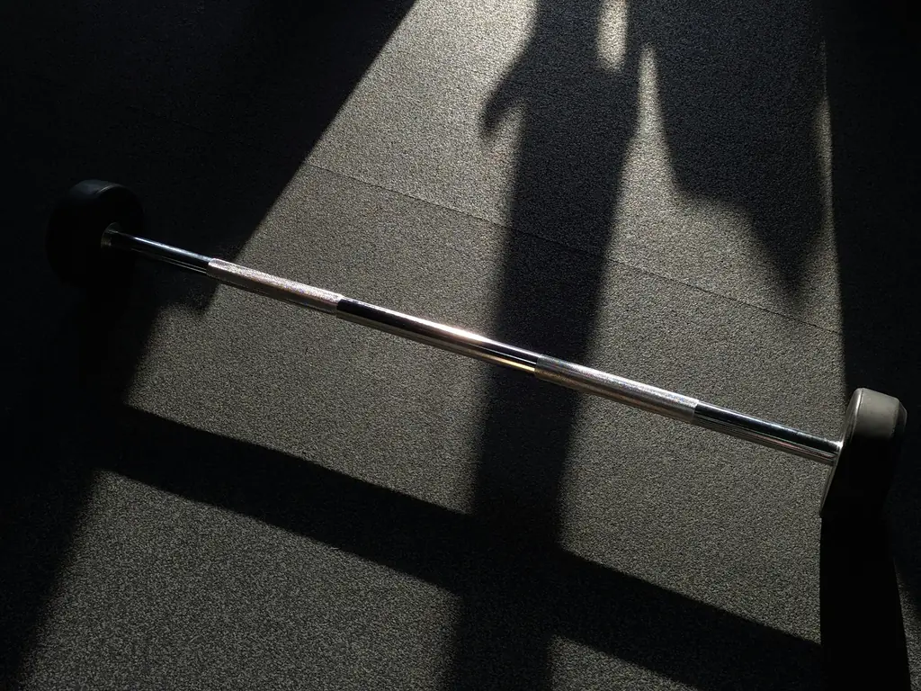 An empty barbell lying across a gym floor, cut by long shafts of light and shadow.