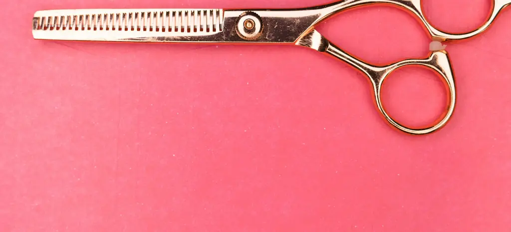 A pair of steel thinning scissors with gold finger rings, lying on a pink cloth.
