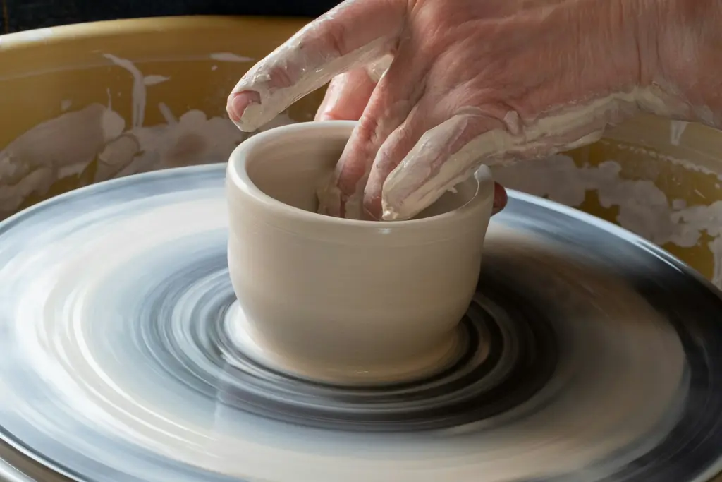 Clay-covered hands pulling up the walls of a pale pot on a spinning wheel.
