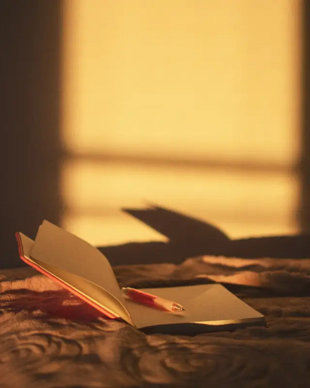 An open book lying on a bed in low evening sun, a pen tucked between its pages.