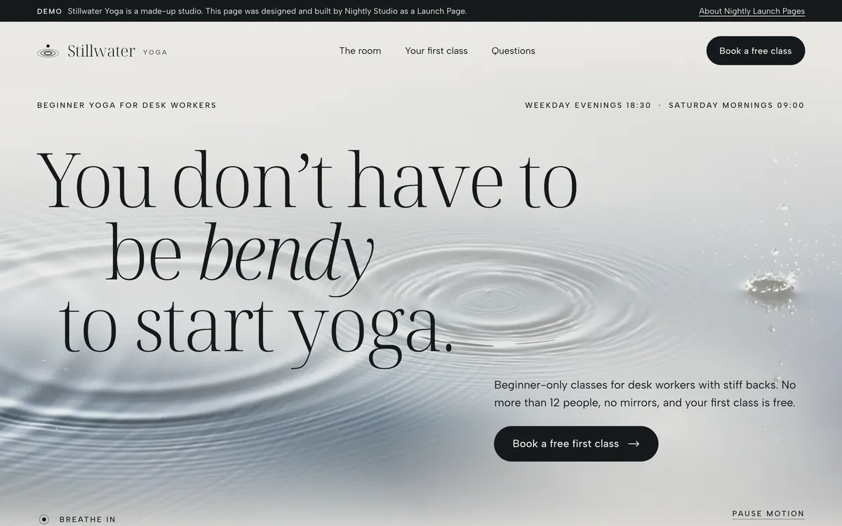 The Stillwater Yoga demo on a laptop screen: the headline “You don’t have to be bendy to start yoga.” in a light serif over a photo of ripples on still, misty water.