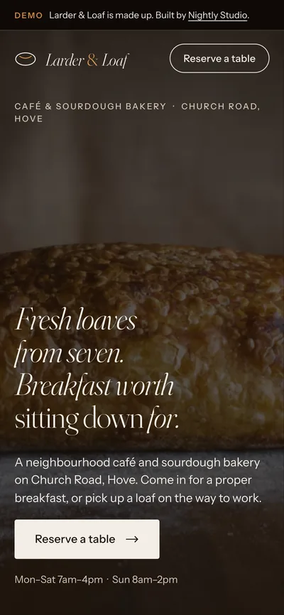 The first screen of the Larder & Loaf demo page on a phone
