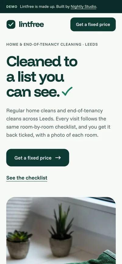 The first screen of the Lintfree demo page on a phone