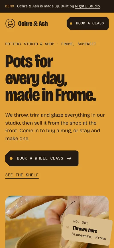 The first screen of the Ochre & Ash demo page on a phone