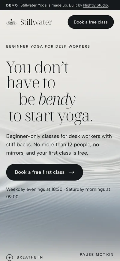 The first screen of the Stillwater Yoga demo page on a phone